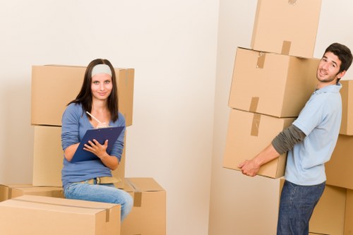 Packed office equipment ready for transport in west London